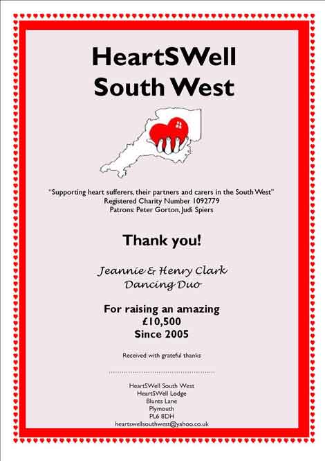 HeartSWell Thank you certificate recognising the £10,500 raised by Dancing duo since 2005